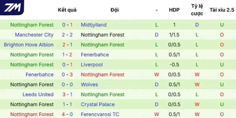 Hiệu suất thi đấu của Nottingham