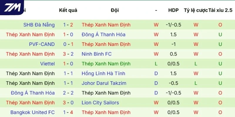 Kết quả thi đấu gần nhất của Nam Định