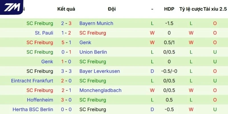 Kết quả tranh tài của Freiburg