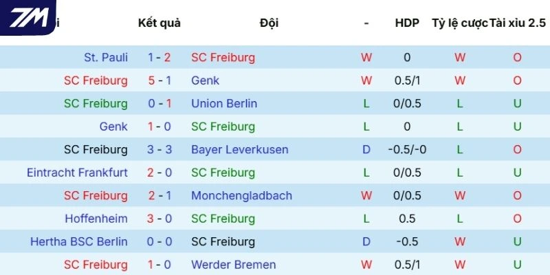 Thành tích thi đấu gần đây của SC Freiburg
